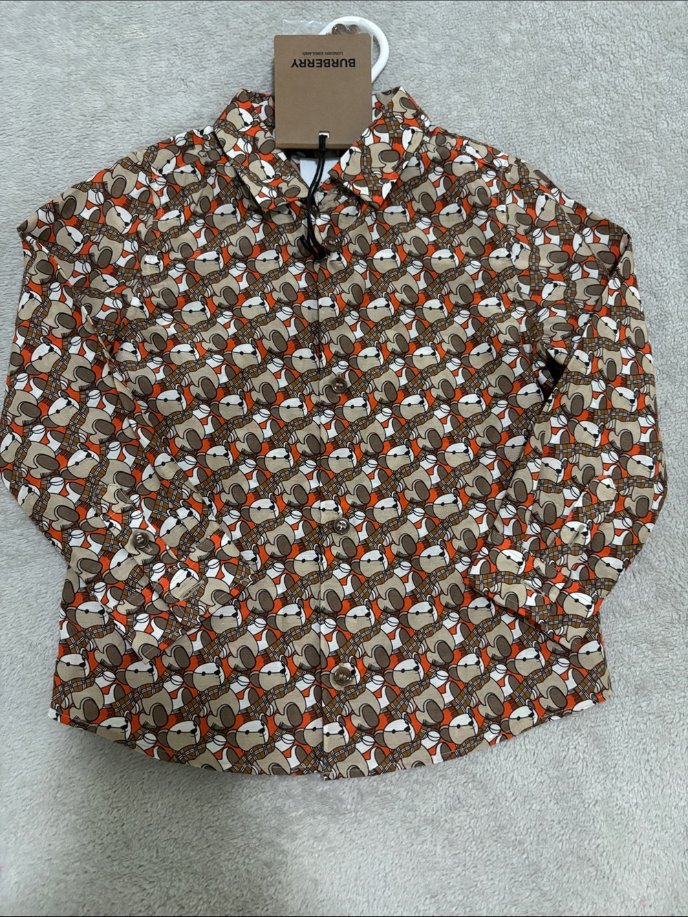 Burberry Brown, Orange & Cream Geometric Print Button-Down Shirt, size 2t